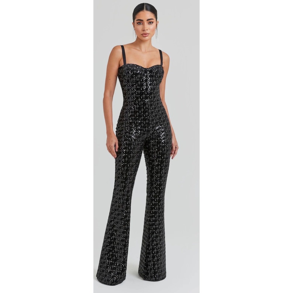 NWT NADINE MERABI Black Sequin Corset Jumpsuit
